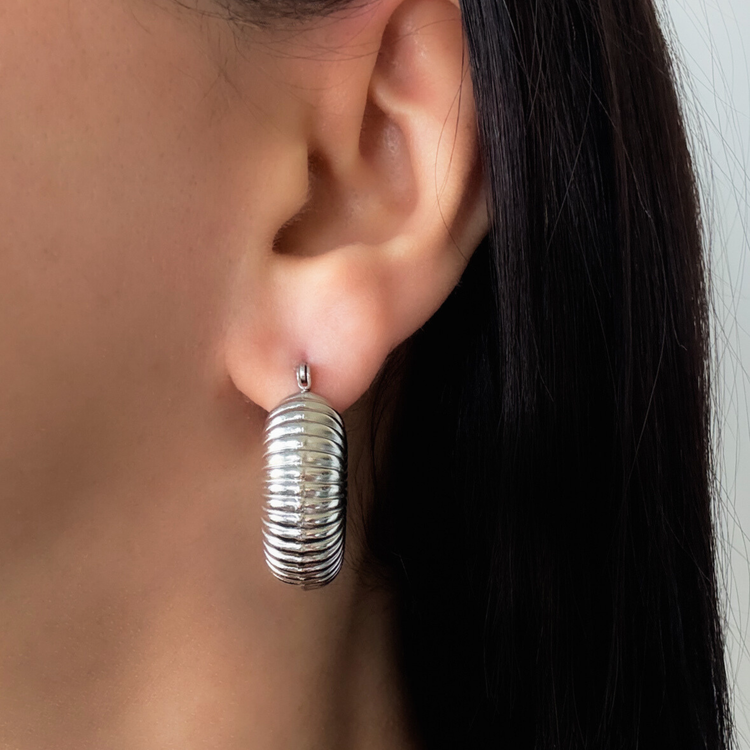 Chunky Ribbed Silver Hoop Earrings
