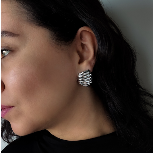 Ribbed Silver Stud Earrings