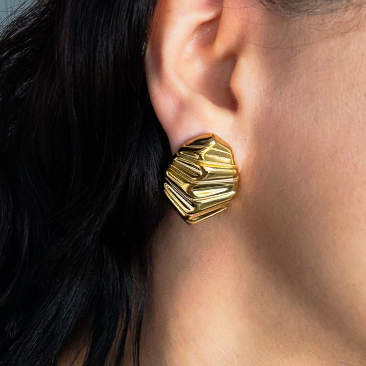 Chunky Gold Ribbed Stud Earrings