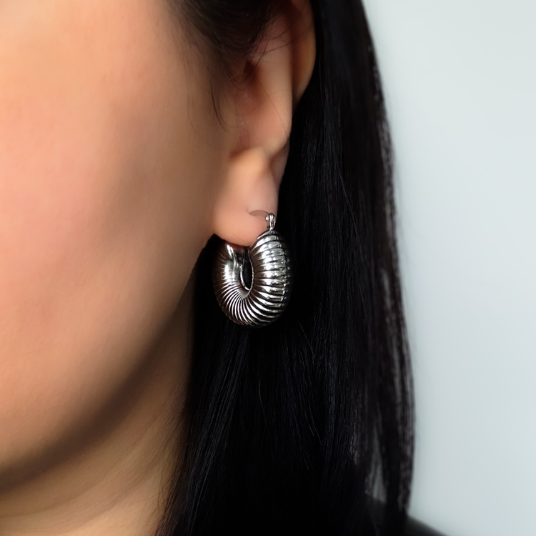 Chunky Ribbed Silver Hoop Earrings