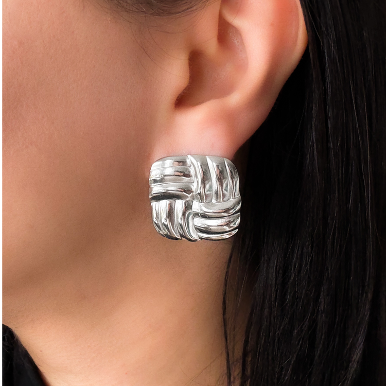 Square Chunky Silver Stud Earrings