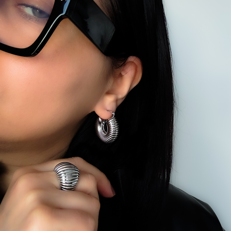 Chunky Ribbed Silver Hoop Earrings