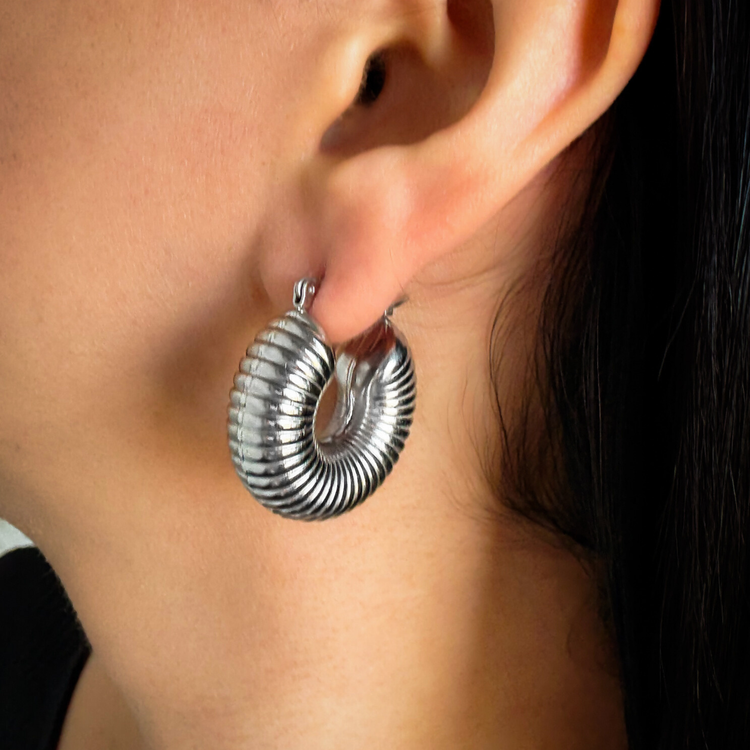 Chunky Ribbed Silver Hoop Earrings