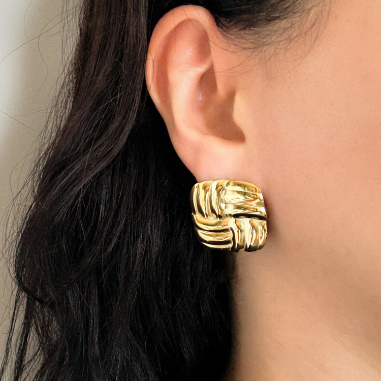 Square Chunky Gold Stud Earrings