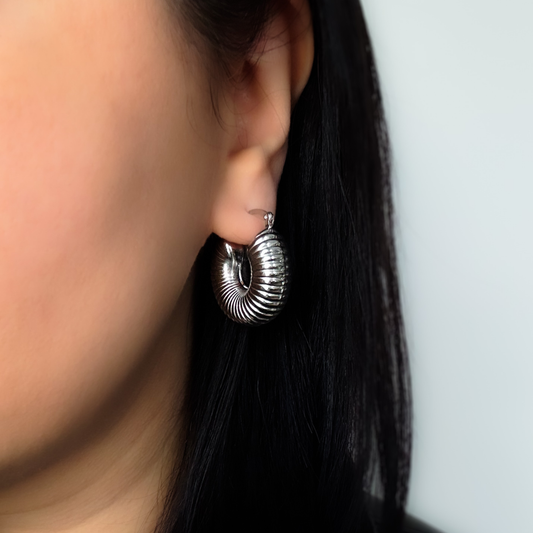 Chunky Ribbed Silver Hoop Earrings