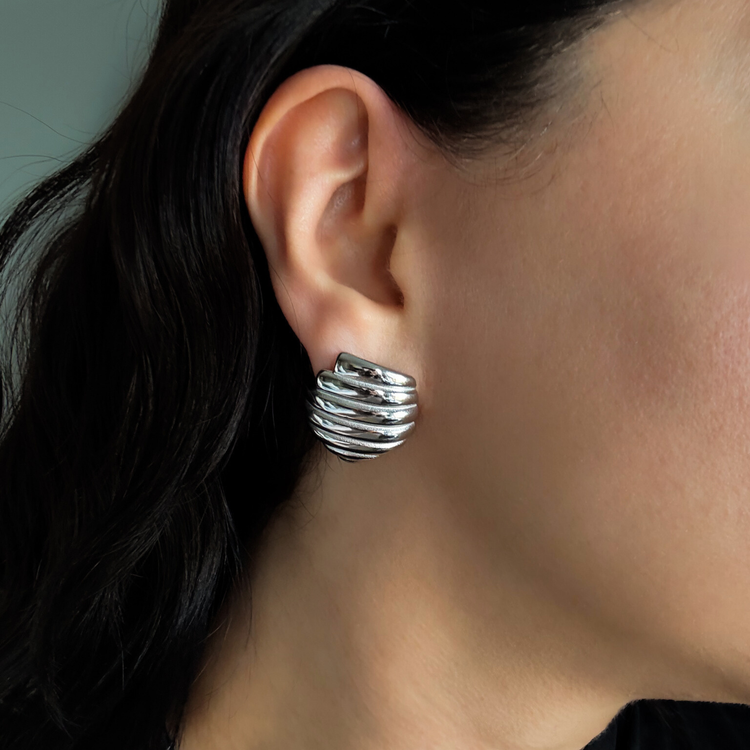 Ribbed Silver Stud Earrings