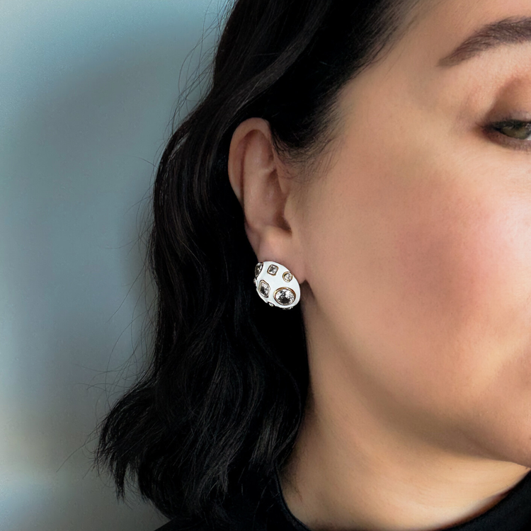 White Enamel Cubic Zirconia Stud Earrings