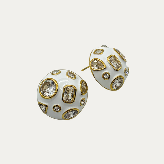 White Enamel Cubic Zirconia Stud Earrings