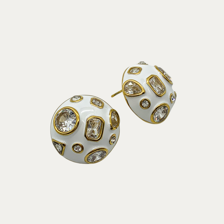 White Enamel Cubic Zirconia Stud Earrings