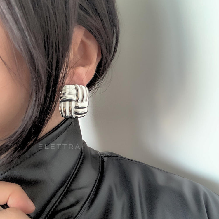 Square Chunky Silver Stud Earrings